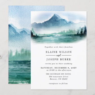 Rustic Watercolor Pine Mountains Lake Wedding Invitation