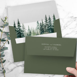 Rustic watercolor pine tree forest green wedding envelope