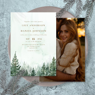 Rustic Watercolor Pine Tree Forest Photo Wedding Invitation