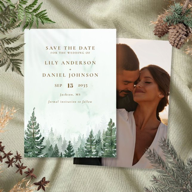 Rustic Watercolor Pine Tree Forest Photo Wedding Save The Date (Creator Uploaded)