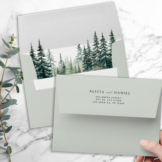 Rustic watercolor pine tree forest sage wedding envelope (Creator Uploaded)