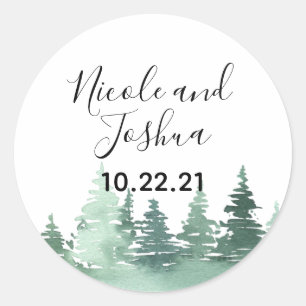 Rustic watercolor pine tree forest wedding classic round sticker