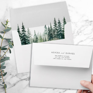 Rustic watercolor pine tree forest wedding envelope