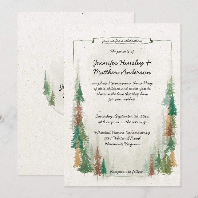 Rustic Watercolor Pine Tree Forest Wedding Invitation (Front/Back)