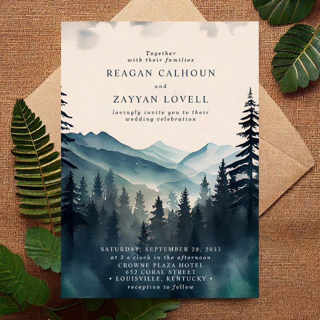Rustic Watercolor Pine Tree Mountain Wedding Invitation (Creator Uploaded)