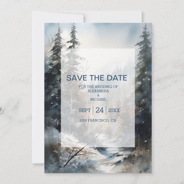 Rustic Watercolor Pine Tree Wedding Save The Date (Front)