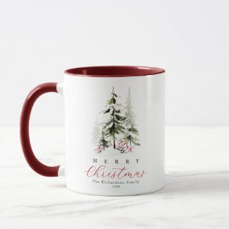 Rustic Watercolor Pine Trees Custom Christmas Mug