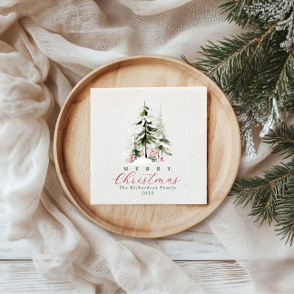 Rustic Watercolor Pine Trees Custom Christmas Napkin