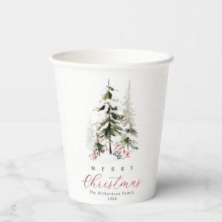 Rustic Watercolor Pine Trees Custom Christmas Paper Cups