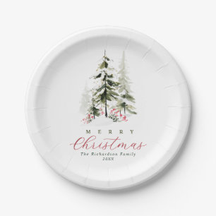 Rustic Watercolor Pine Trees Custom Christmas Paper Plate