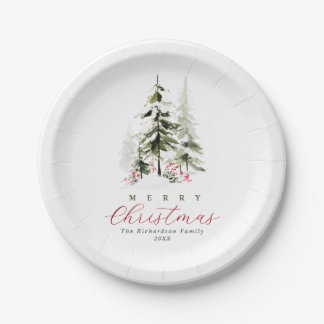 Rustic Watercolor Pine Trees Custom Christmas Paper Plate