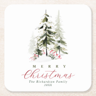 Rustic Watercolor Pine Trees Custom Christmas Square Paper Coaster