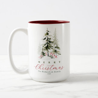Rustic Watercolor Pine Trees Custom Christmas Two-Tone Coffee Mug