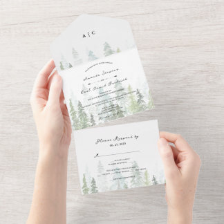 Rustic Watercolor Pine Trees Forest Wedding All In One Invitation