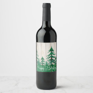 Rustic Watercolor Pine Trees Happy Holidays Wine Label