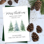 Rustic Watercolor Pine Trees Merry Christmas Holiday Card<br><div class="desc">This simple rustic holiday card features three watercolor pine trees with elegant script lettering reading: Merry Christmas! There is space for a short note or message and your names/signature. The back is a marbled forest green colour. Perfect minimalist way to send season's greetings.</div>