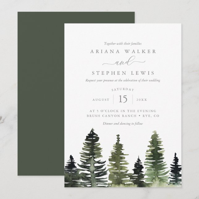 Rustic Watercolor Pine Trees Wedding Invitation (Front/Back)