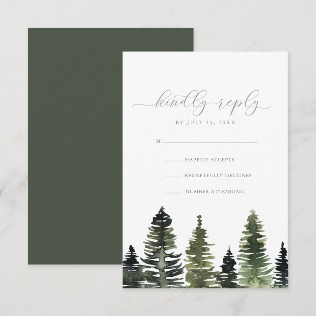 Rustic Watercolor Pine Trees Wedding RSVP Card (Front/Back)