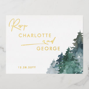Rustic Watercolor Pine Trees Winter RSVP Foil Invitation Postcard