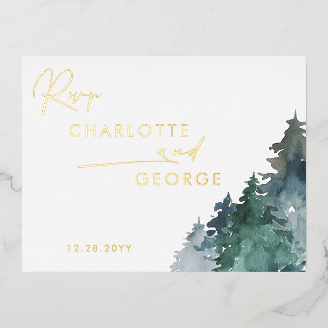 Rustic Watercolor Pine Trees Winter RSVP Foil Invitation Postcard (Front)