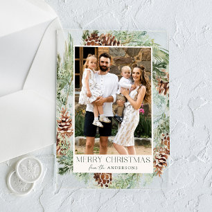 Rustic Watercolor Pinecone Wreath Holiday Photo Acrylic Invitations