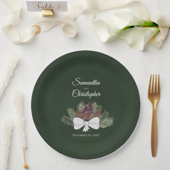 Rustic Watercolor Pinecones Couples Names Wedding Paper Plate (Wedding)