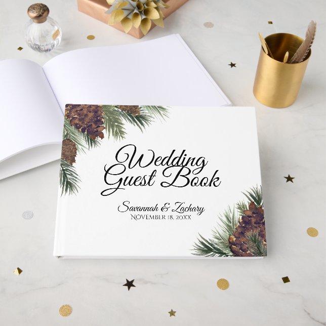 Rustic Watercolor Pinecones & Pine Boughs Wedding Guest Book (Front Open)