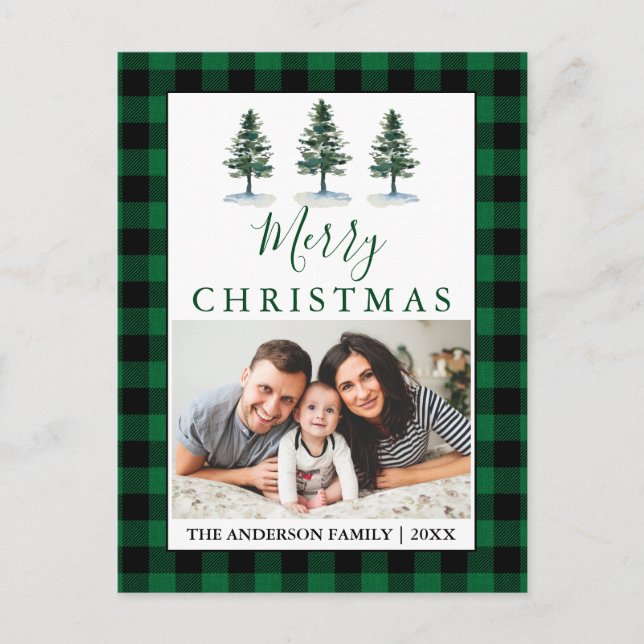 Rustic Watercolor Pines Green Plaid Photo Postcard (Front)
