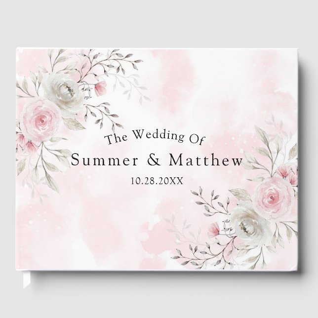 Rustic Watercolor Pink and Grey Peony Wedding Guest Book (Front)