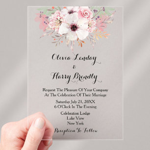 Rustic Watercolor Pink Floral Wedding Acrylic Invitations