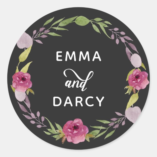 Rustic Watercolor Pink Floral Wedding Classic Round Sticker (Front)