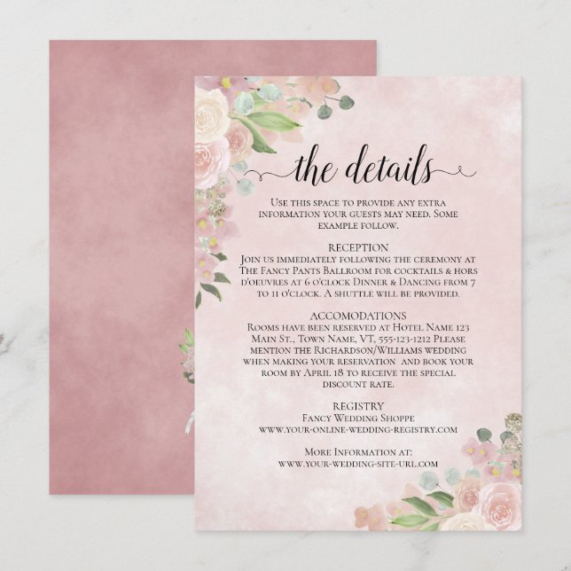 Rustic Watercolor Pink Floral Wedding Details Enclosure Card (Front/Back)