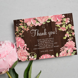 Rustic watercolor pink floral wood baby shower thank you card