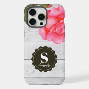 Rustic Watercolor Pink Roses Grey Wood Texture iPhone 15 Pro Max Case