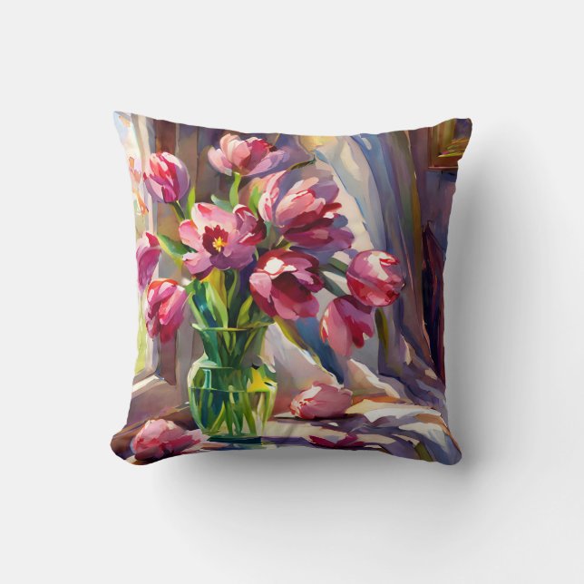 Rustic Watercolor Pink Tulips in Vase Cushion (Front)