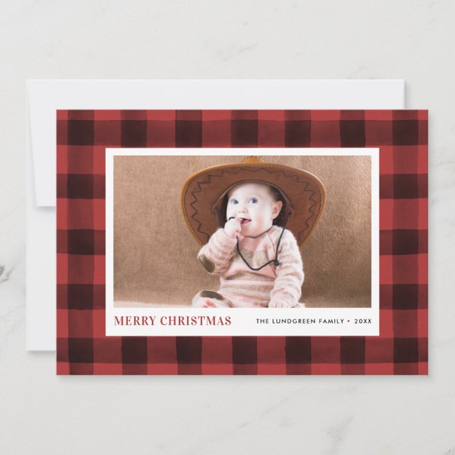 Rustic Watercolor Plaid Pattern Photo Holiday Card (Front)