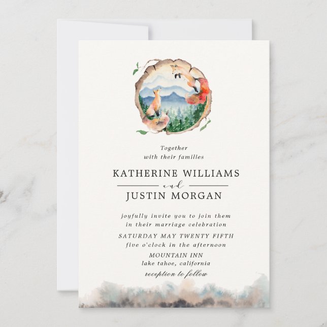 Rustic watercolor playful fox Wedding Invitation (Front)