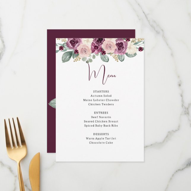 Rustic Watercolor Plum Sage Gold Floral  Menu (Front/Back In Situ)