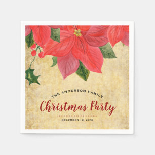 Rustic Watercolor Poinsettia Christmas Party Napkin