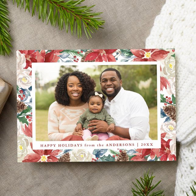 Rustic Watercolor Poinsettia Frame Photo Holiday Card (Creator Uploaded)