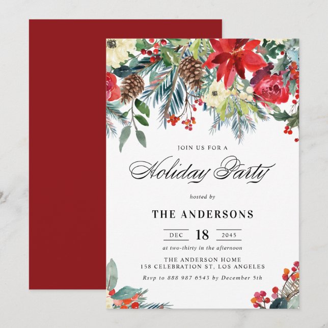 Rustic Watercolor Poinsettia Garland Holiday Party Invitation (Front/Back)