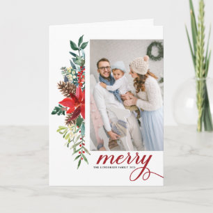 Rustic Watercolor Poinsettia Merry Christmas Photo Holiday Card