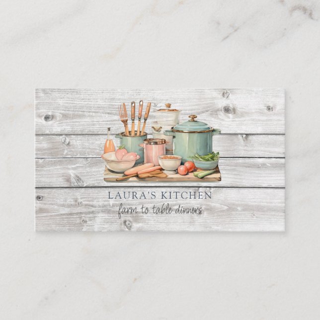 Rustic Watercolor Pots Pans Food Kitchenware Business Card (Front)