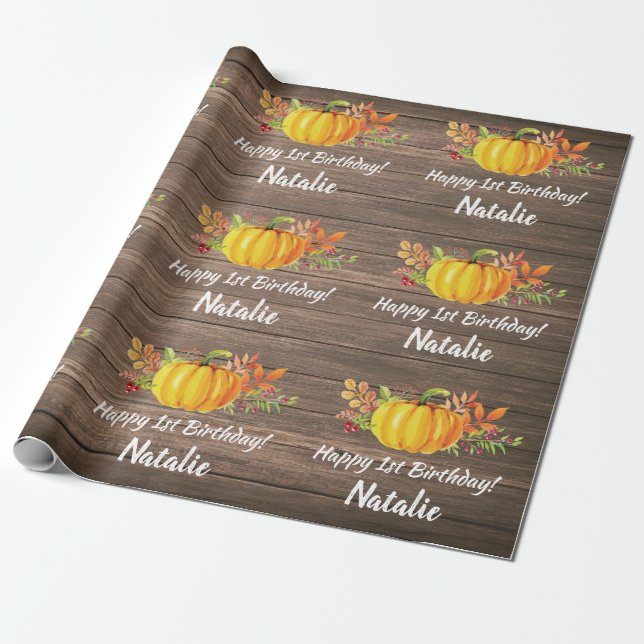 Rustic Watercolor Pumpkin Autumn Fall Birthday Wrapping Paper (Unrolled)