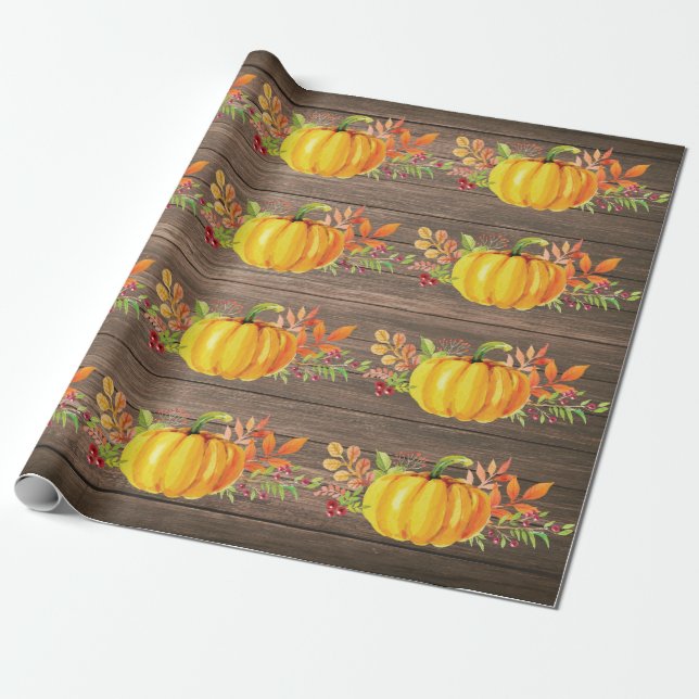 Rustic Watercolor Pumpkin Autumn Fall Wrapping Paper (Unrolled)