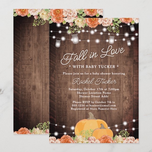 Rustic Watercolor Pumpkin Floral Fall Baby Shower Invitation (Front/Back)