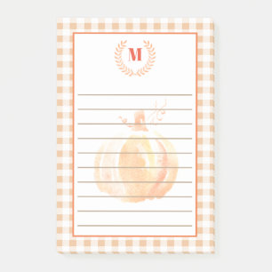 Rustic Watercolor Pumpkin & Plaid   Monogram Post-it Notes