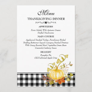 Rustic Watercolor Pumpkin Plaid Thanksgiving Menu