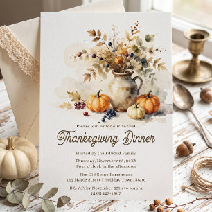 Rustic Watercolor Pumpkin Thanksgiving Dinner Invitation