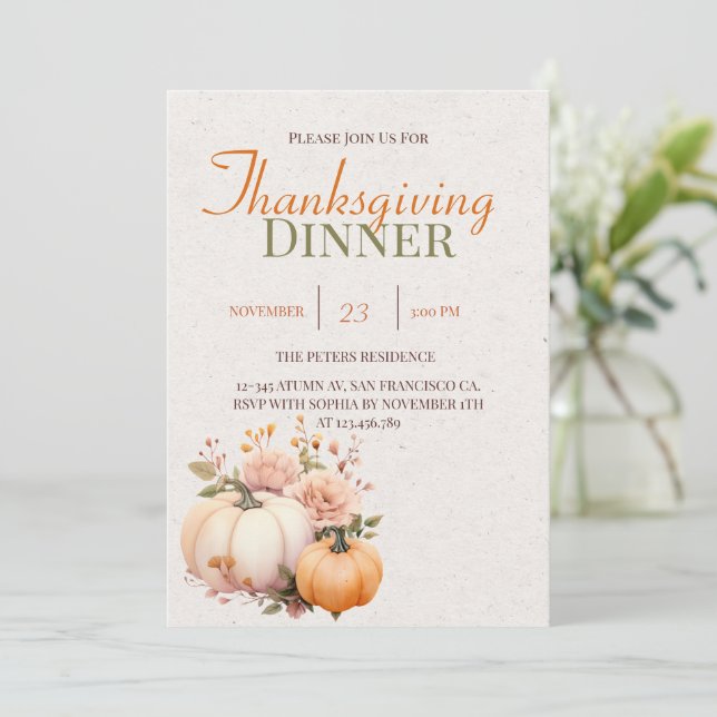 Rustic Watercolor Pumpkin Thanksgiving Invitation (Standing Front)